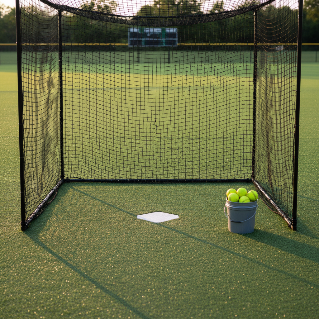 A clean, modern batting cage setup on a youth softball field, featuring a sturdy black net stretched tightly over a rectangular frame, a bright white home plate centered on smooth turf, and a small bucket of yellow softballs nearby. In the distance, the edge of a lush green outfield and a simple scoreboard are softly blurred. Late afternoon sunlight streams in from one side, casting diagonal shadows of the netting that create a dynamic pattern across the ground. Photographic realism with a slightly wide-angle lens and centered composition conveys structure, focus, and player development in a professional, organized setting.