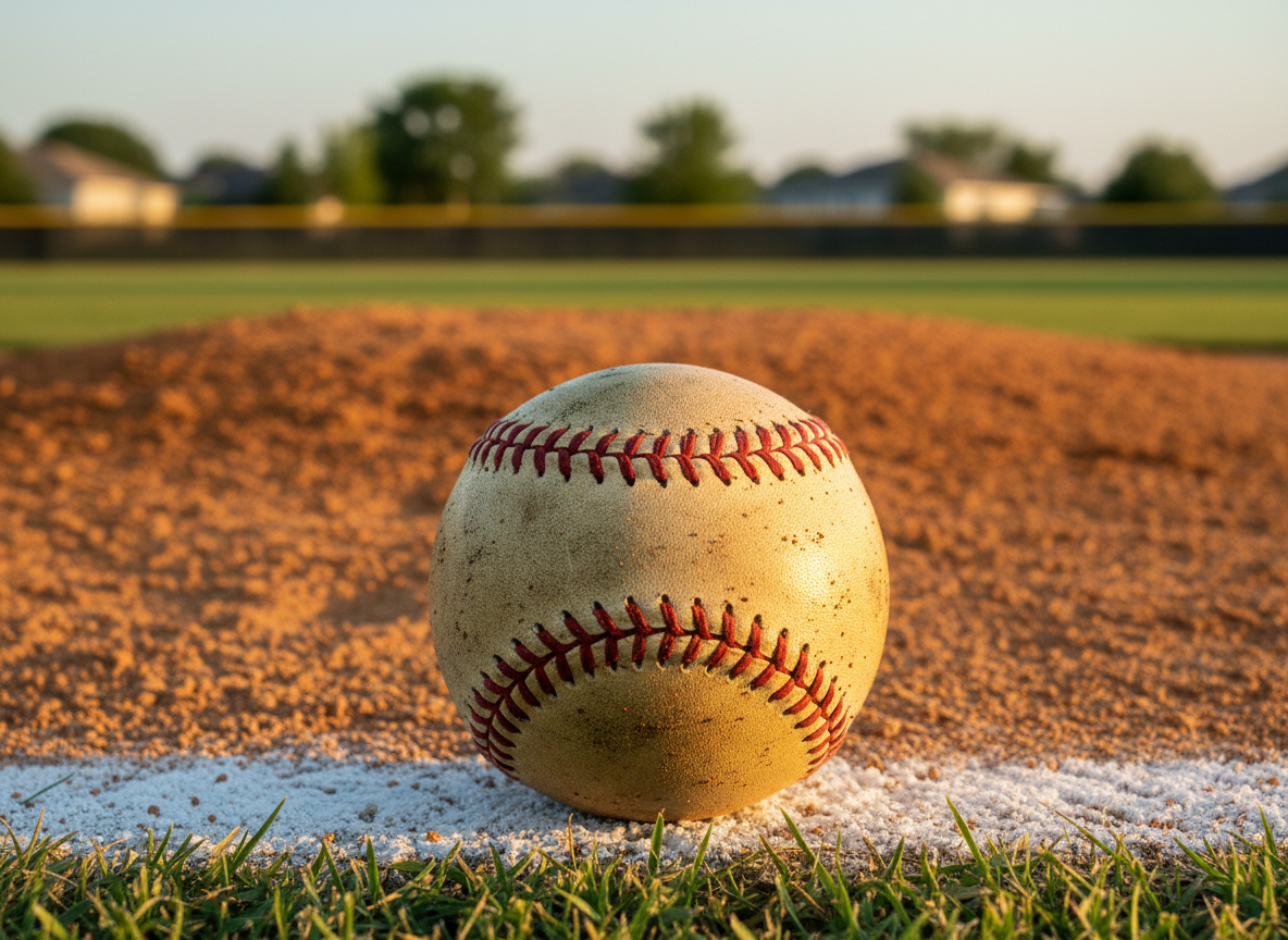 A well-used youth softball in sharp focus rests on the bright white chalk line of a perfectly groomed infield, with tiny specks of dirt clinging to its raised red stitching. Behind it, the rich brown of the pitcher’s mound and lush green outfield softly blur into the distance of a Northeast Ohio community field. Late afternoon golden hour sunlight washes across the scene, casting a warm glow and gentle shadows that emphasize texture. Photographic realism, eye-level composition with shallow depth of field creates a professional, inspiring mood that suggests training, competition, and dedication without showing any players.