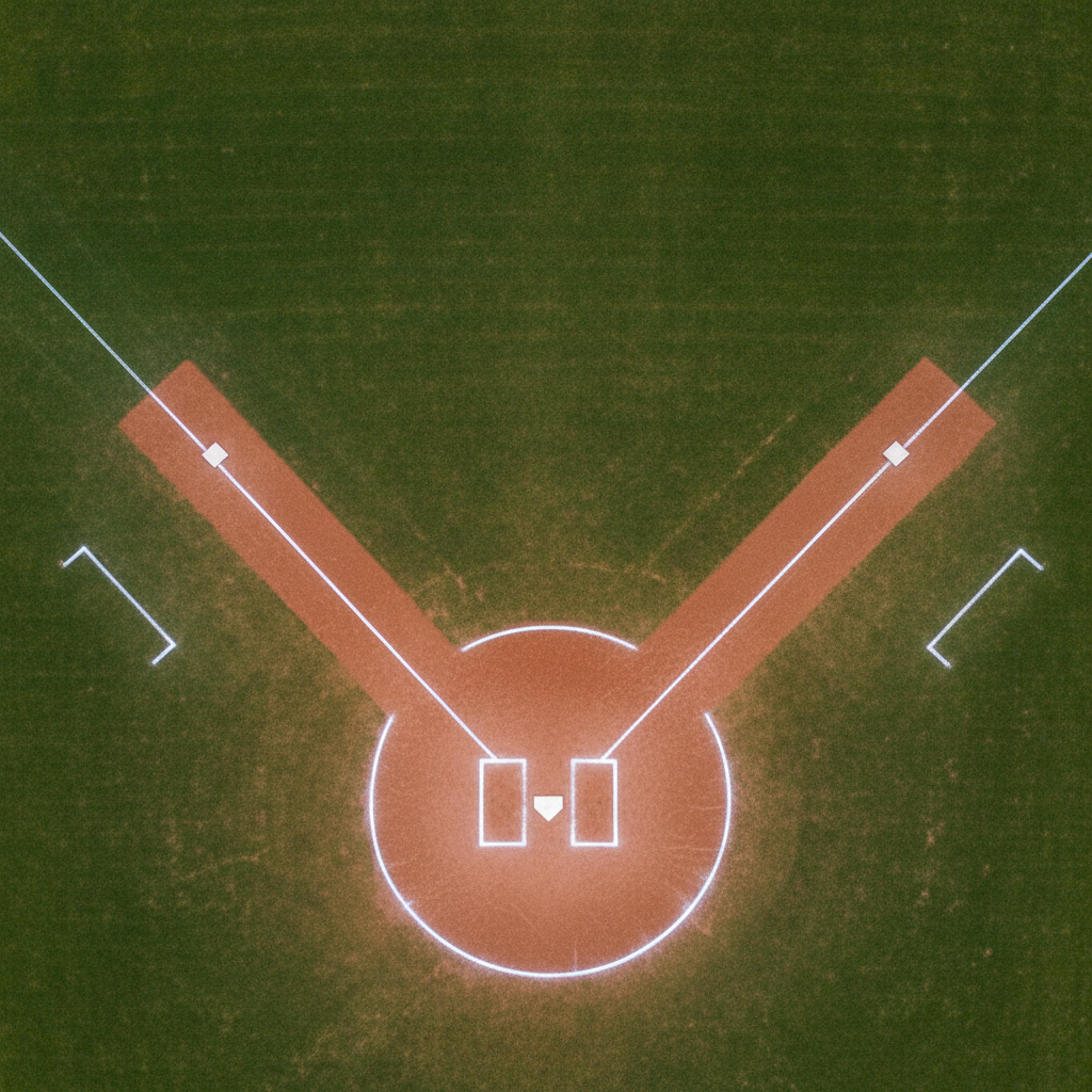 An overhead photographic view of a pristine youth softball diamond, carefully chalked baselines forming clean white angles against the smooth, raked infield and deep green outfield. Bases appear bright and square, anchored securely at each corner, with a crisp white home plate at the center foreground. The scene is captured under soft, diffused overcast daylight, minimizing harsh shadows and emphasizing clarity and detail. The composition is symmetrical and balanced, showcasing the entire field as a place of opportunity, teamwork, and growth. The professional, high-resolution style evokes an organized, welcoming environment ideal for player development.