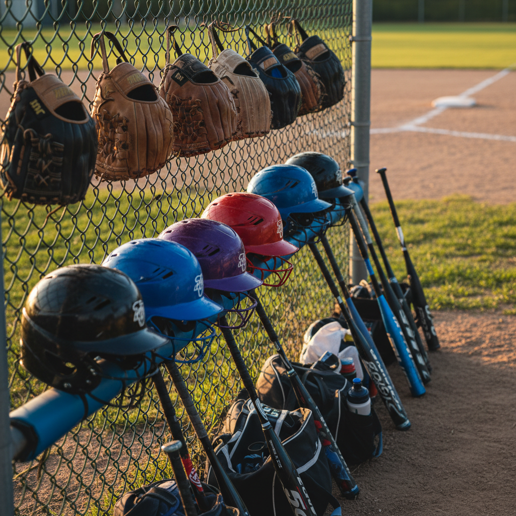 A detailed view of a well-organized equipment fence along a youth softball field, featuring multiple gloves hanging neatly by their straps, a row of colorful batting helmets resting on a padded rail, and several bats leaning against the chain-link. The infield stretches out beyond in soft focus, with third base faintly visible in the distance. Warm, late-day sunlight filters through the fence, creating a pattern of soft, repeating shadows on the gear and ground. Photographic realism with an eye-level, horizontal composition conveys teamwork, belonging, and readiness in a professional yet inviting environment.