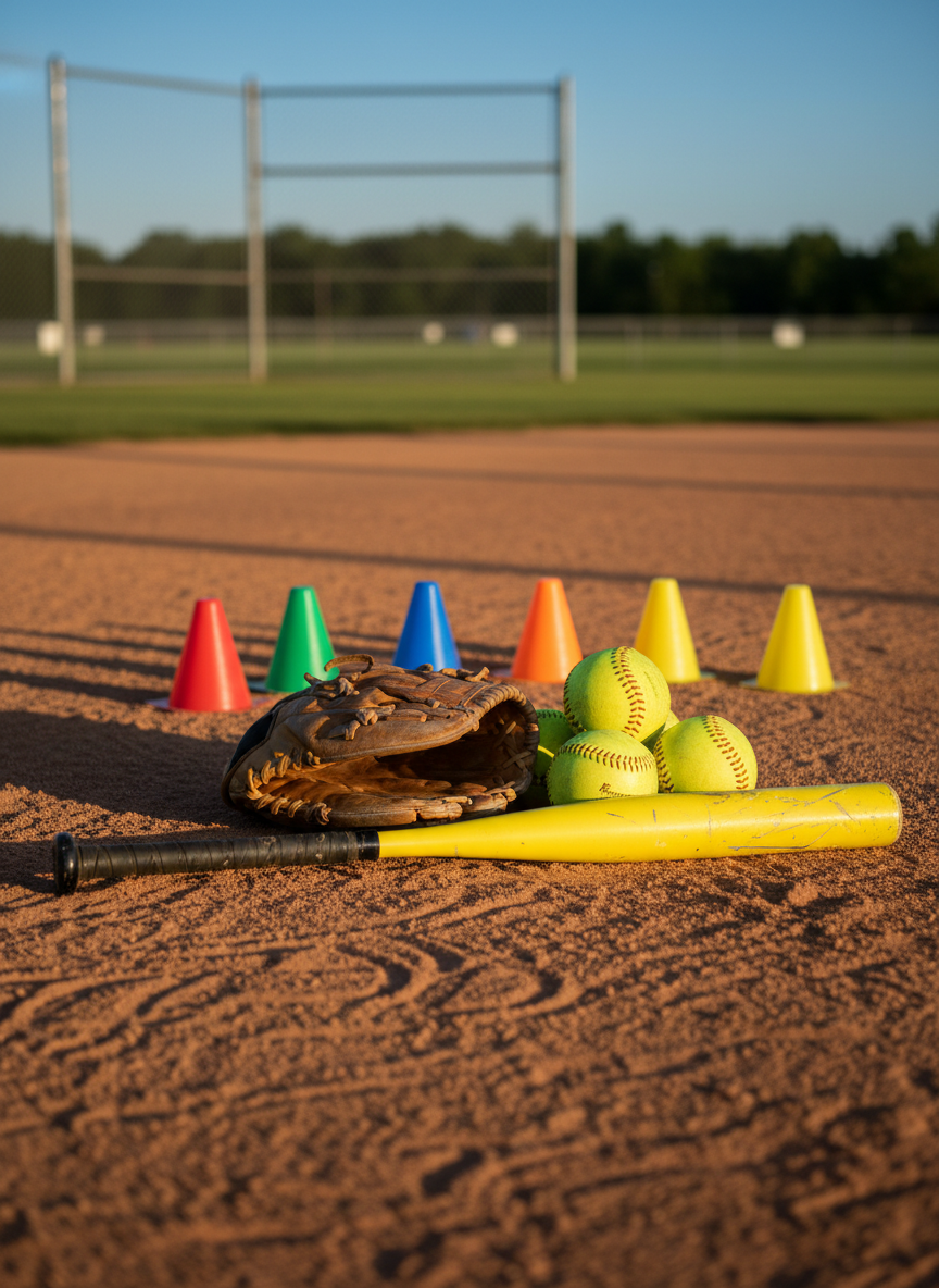 A close-up of a neatly arranged set of youth softball training gear on the edge of an infield: a slightly scuffed yellow softball bat with taped grip, a broken-in leather glove, bright yellow softballs, and a row of small colored training cones. They sit atop finely raked reddish-brown dirt, with the green outfield and a simple chain-link backstop softly blurred behind. Warm, low-angle evening sunlight creates long, dramatic shadows and subtle highlights on the equipment. Photographic realism with a slightly elevated angle and rule-of-thirds framing conveys preparation, development, and focus in a calm yet energetic atmosphere.