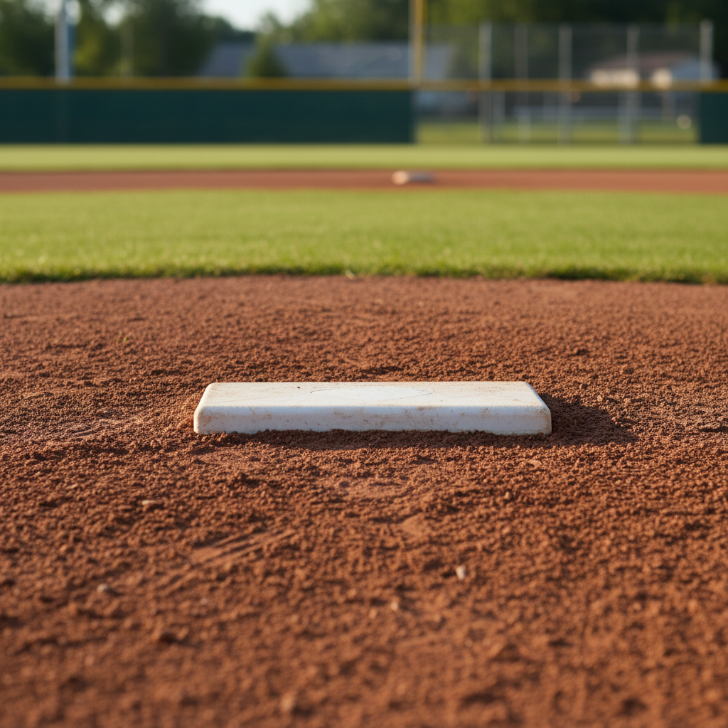 A striking close-up of a softball pitcher’s rubber on a youth field, the white slab embedded firmly in the raised, carefully packed reddish-brown dirt of the mound. Faint cleat marks and subtle grooves in the soil show repeated practice and commitment. Beyond, the green outfield and faint outline of a backstop fade into gentle bokeh. The scene is lit by clear morning sunlight, creating crisp, short shadows and bright highlights along the edges of the rubber. Photographic realism with a low-angle, forward-looking composition suggests potential, leadership, and the beginning of each play in a calm, confident atmosphere.