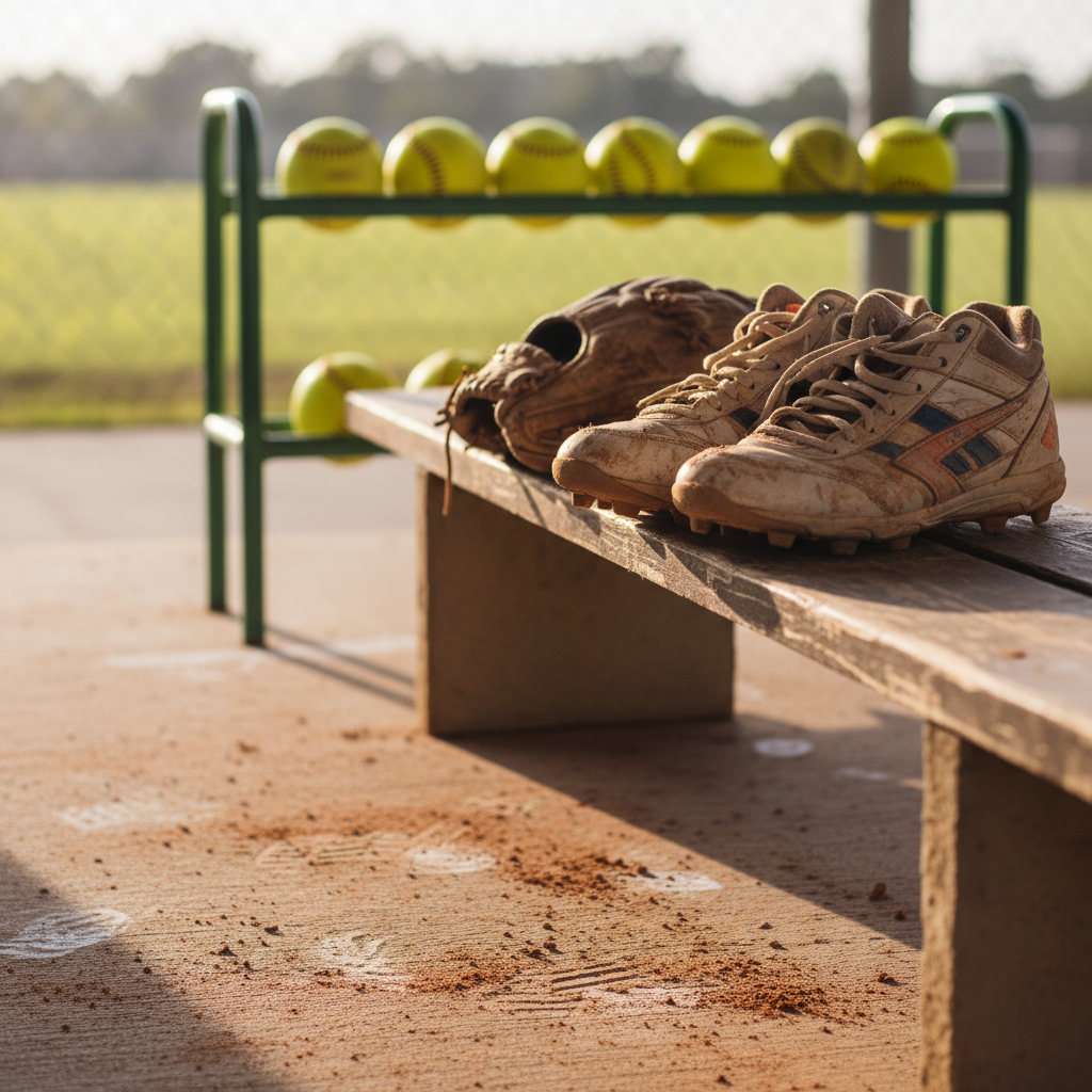 A pair of well-worn youth softball cleats and a weathered leather glove rest on the low wooden bench of a dugout, with a line of yellow softballs nestled in a simple metal ball rack in the background. The concrete floor bears faint chalk footprints and scattered infield dirt. Soft natural daylight filters in from the open field side, creating a gentle gradient of light and shadow across the bench and gear. Shot in photographic realism from a slightly low, side angle with shallow depth of field, the mood feels reflective and determined, capturing the behind-the-scenes work, character building, and quiet moments of growth.